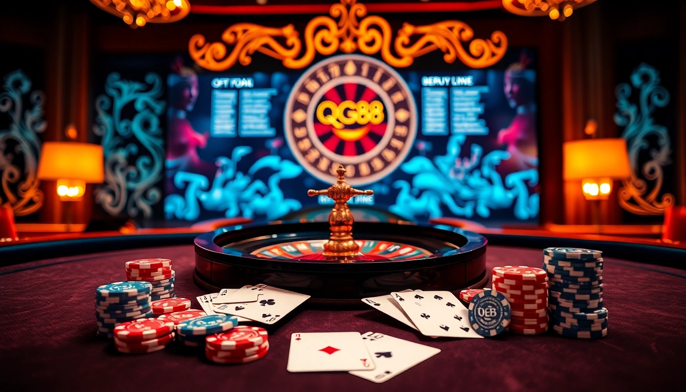 Experience the thrill of online gambling at QQ88 with vibrant casino visuals, roulette, and poker.