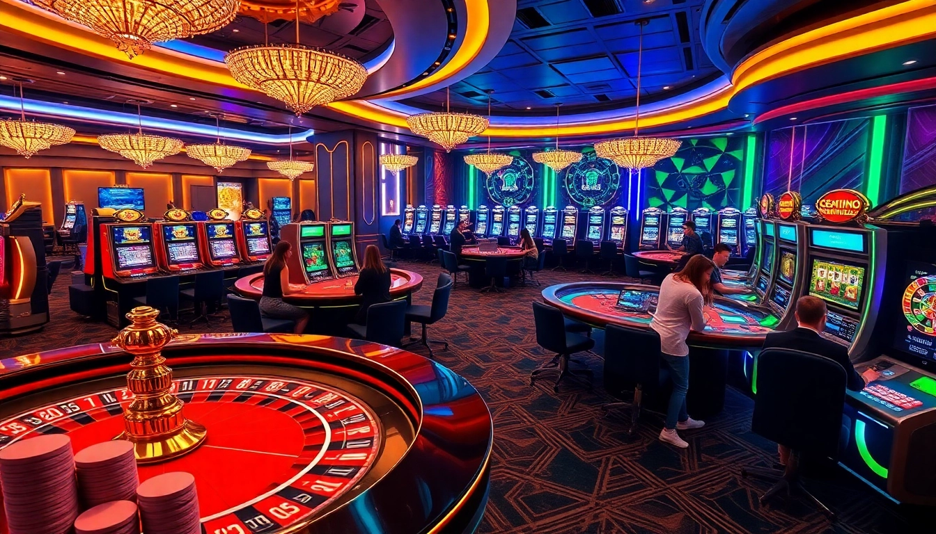Scène dynamique présentant des joueurs participant à des casinos cryptographiques passionnants, autour de tables élégantes et de machines à sous colorées.