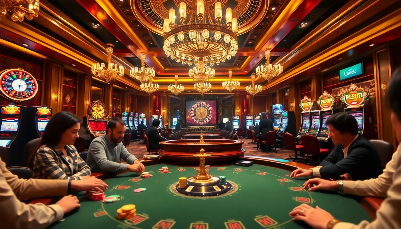 Experience the thrill of gambling at https://dn88.bio/ with a luxurious casino atmosphere featuring poker tables and roulette wheels.
