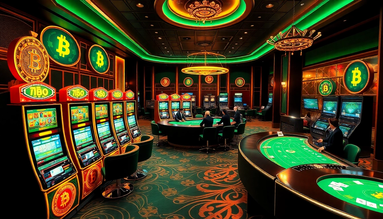 Players enjoying games at a Bitcoin casino with vibrant atmosphere and digital screens.