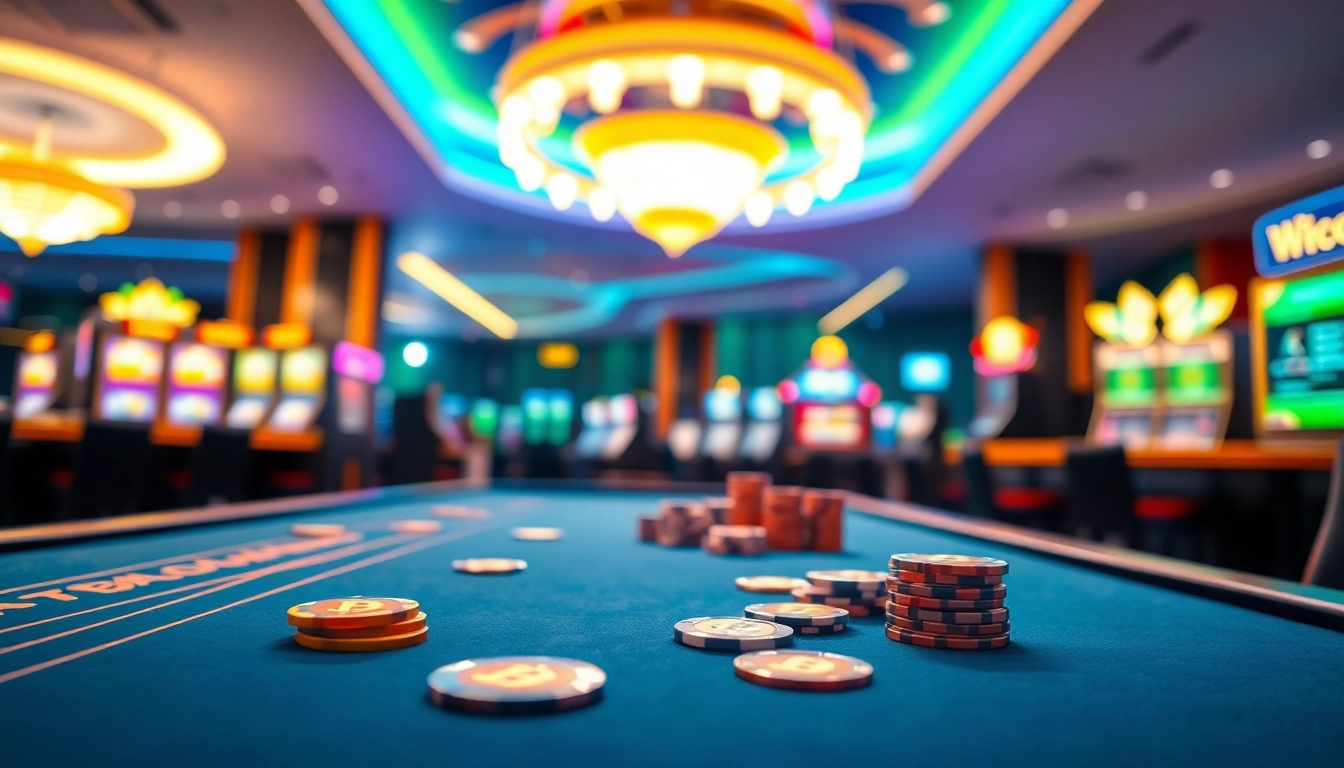 Revue des expériences au meilleur casino crypto avec des jeux de lumière vifs et un décor moderne.