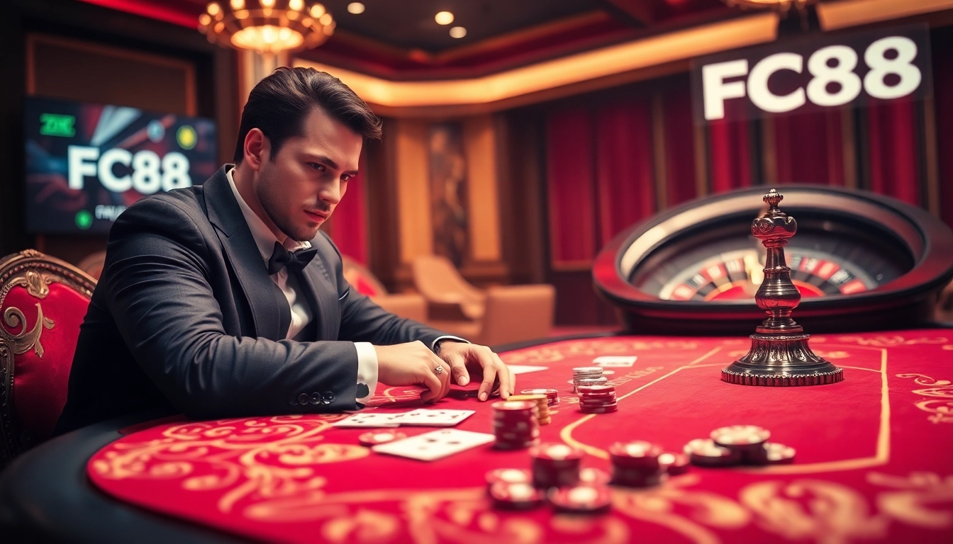 Experience thrilling gameplay at FC88 with casino tables and vibrant poker chips.