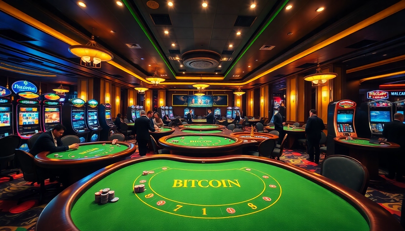 Players enjoying games at a Bitcoin casino with vibrant tables and slot machines.