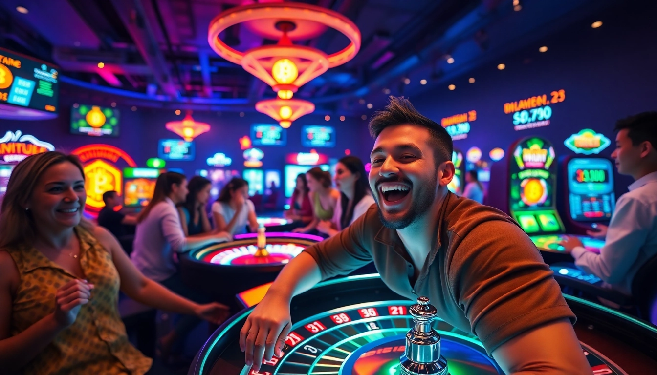 Joueurs heureux profitant des Bitcoin casinos lors d'une partie intense à une table de roulette.