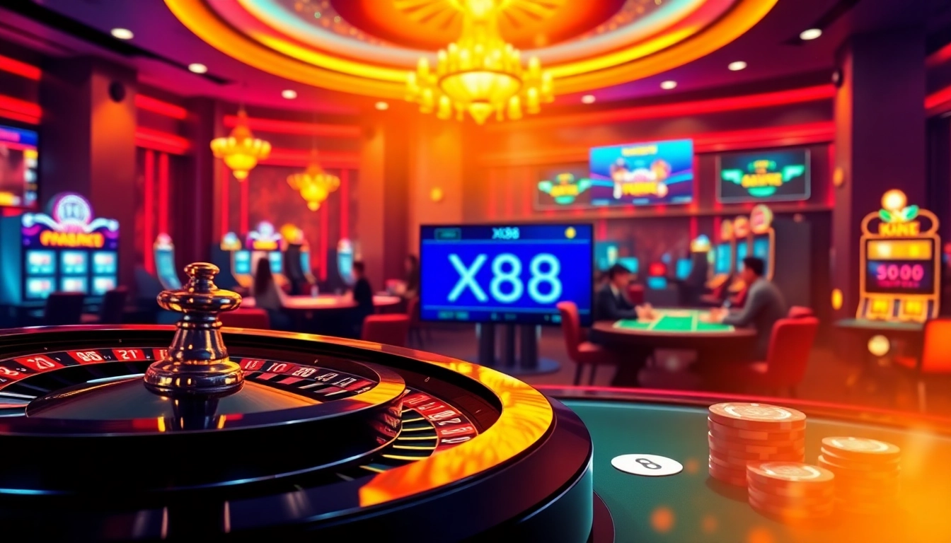 Experience Nhà cái X88 with a vibrant casino atmosphere featuring roulette and slot machines.