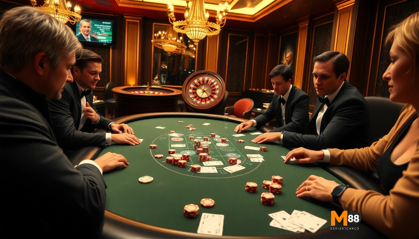 Gamblers strategizing at MM 88 poker table in a luxurious casino environment.