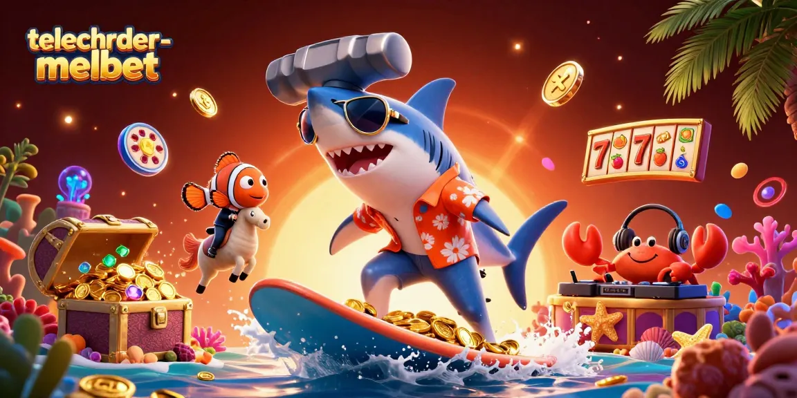 telecharger-melbet: Surf with the hammer-head shark in a vibrant, action-packed casino scene.