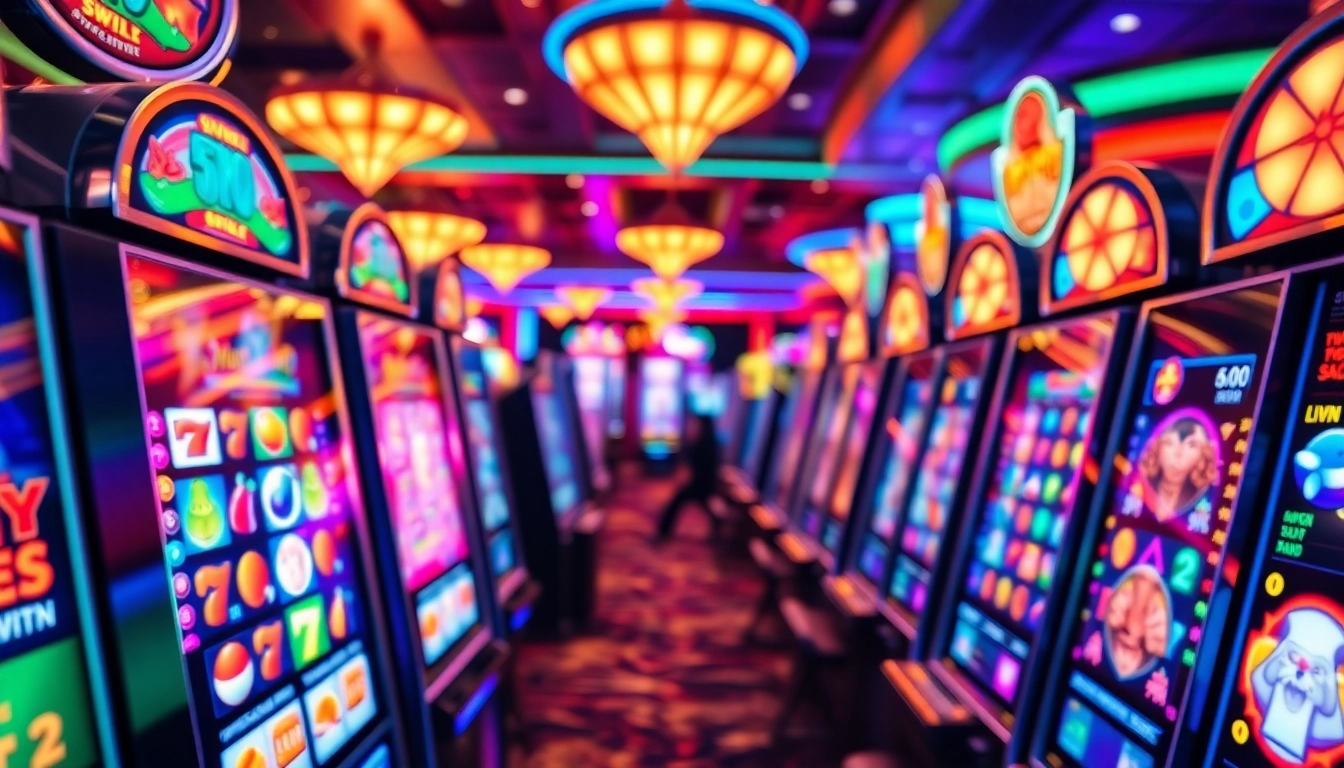 Jouer aux machines à sous en ligne captivantes dans un casino animé avec des lumières brillantes. related image