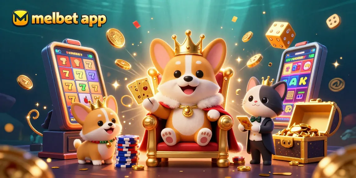Experience the excitement of the melbet app with a vibrant 3D casino scene featuring royal corgi characters and dynamic gaming elements.