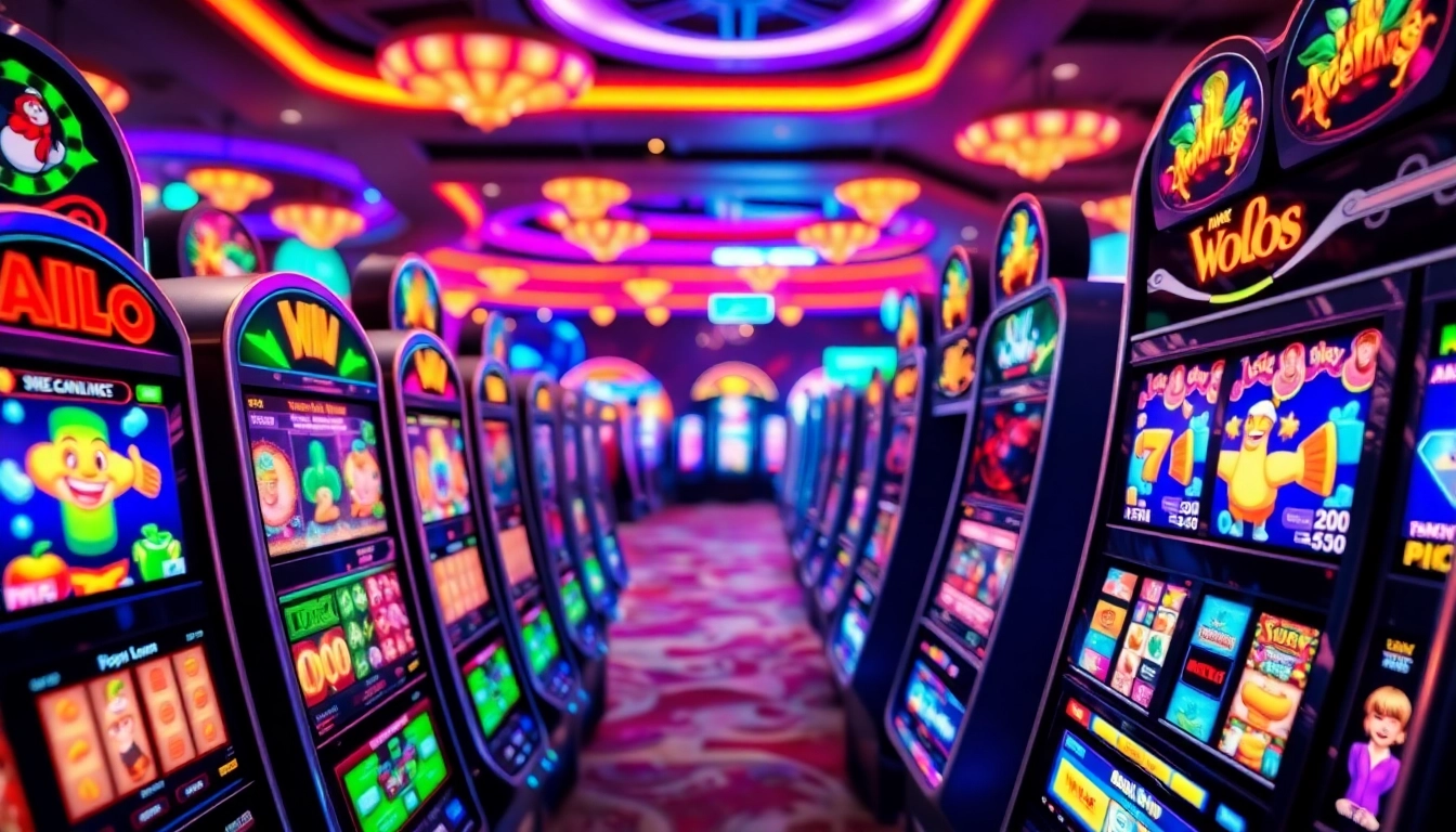 Jouer aux machines à sous en ligne captivantes dans un casino animé avec des lumières brillantes.