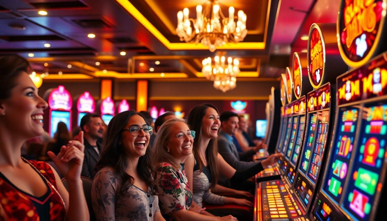Jouer à machines à sous casino, joueurs célébrant des gains dans un casino animé. related image