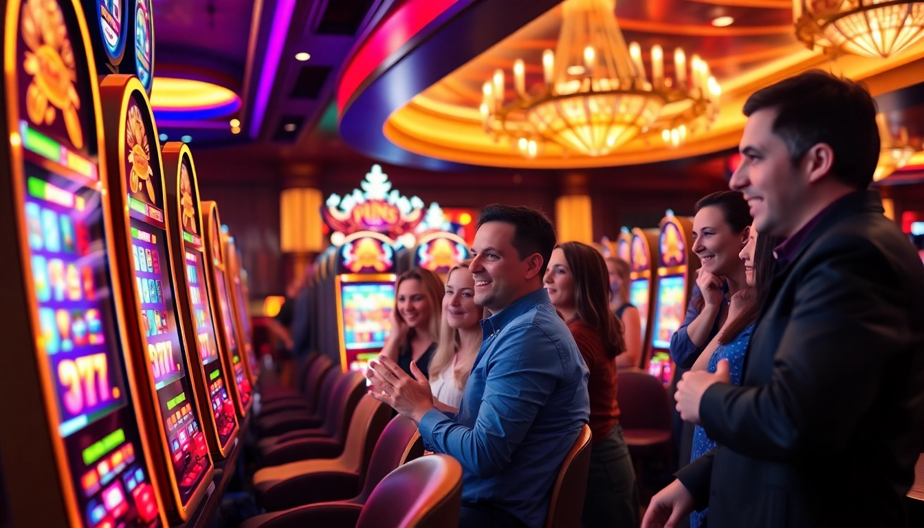 Jouer à machines à sous casino, joueurs célébrant des gains dans un casino animé.