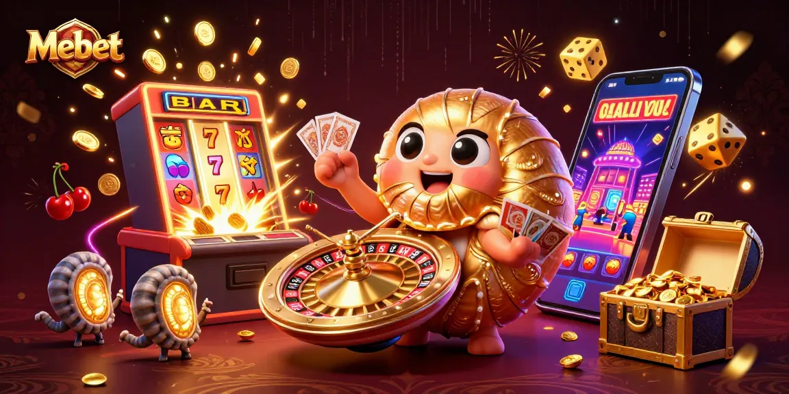 Engage in exciting gameplay with Mebet featuring a vibrant 3D casino scene and massive slot jackpot.