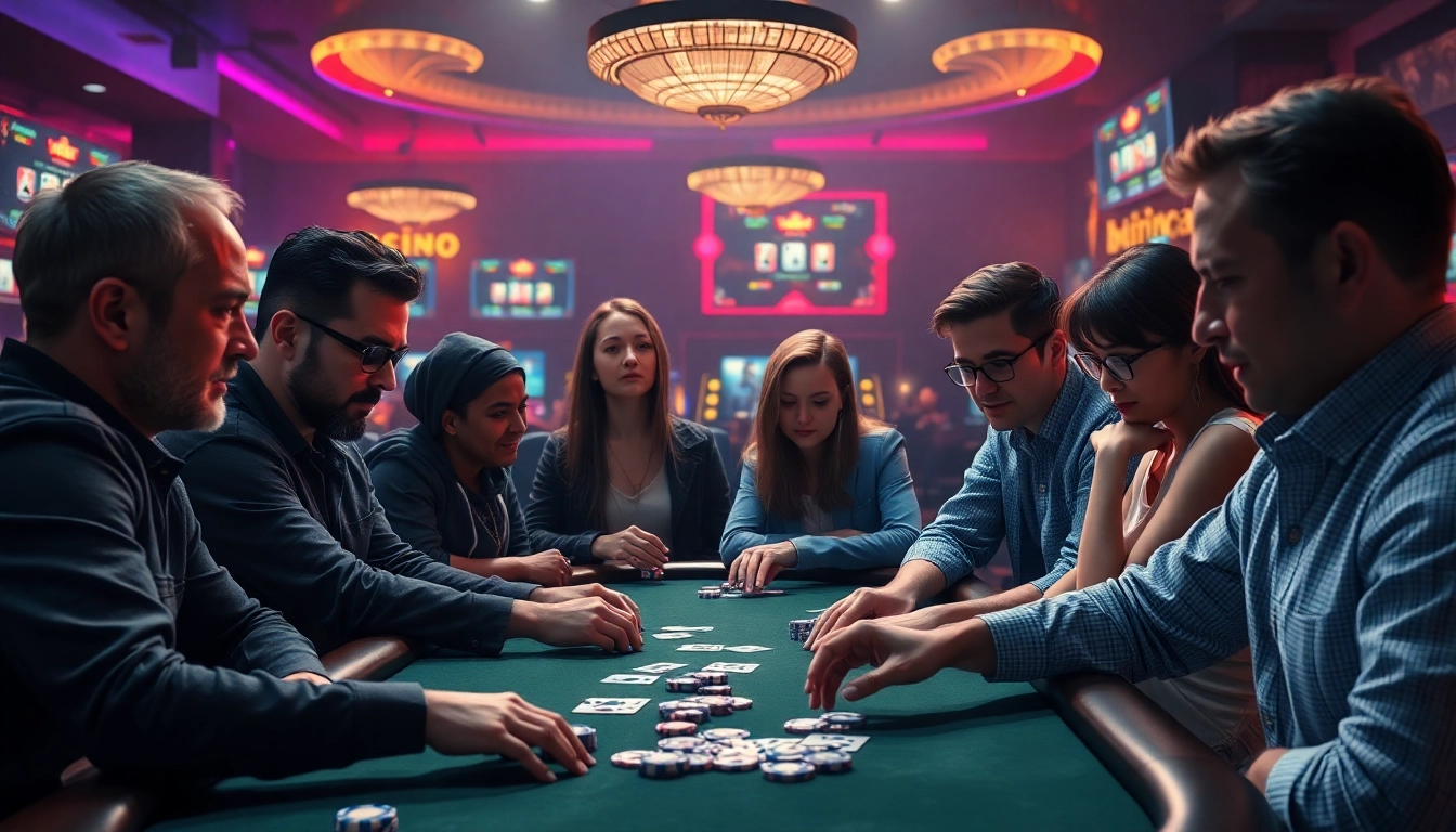 Joueurs concentrés jouant à poker en ligne dans un environnement virtuel palpitant.
