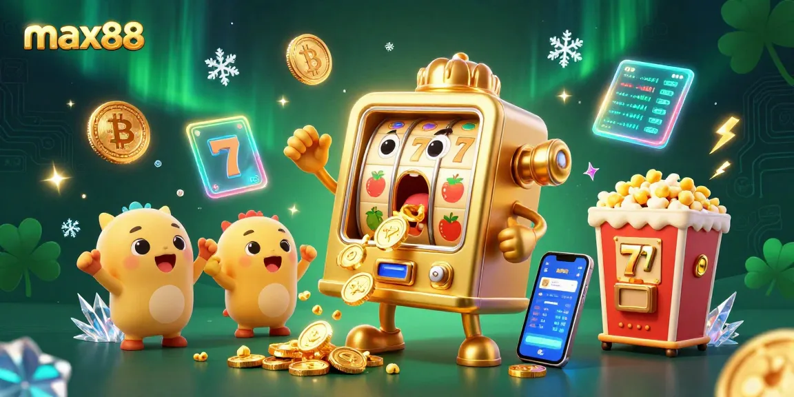 Experience max88's jackpot excitement with a golden slot machine and cheering characters in a vibrant casino scene.
