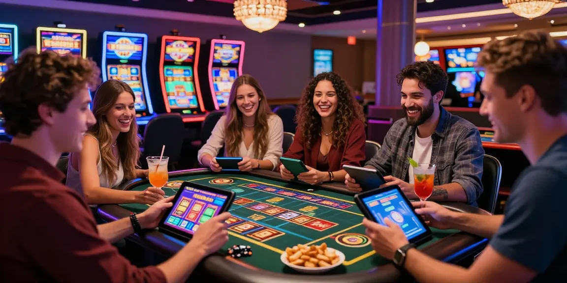 Jeunes adultes jouant au casino en ligne France avec des appareils modernes dans une ambiance festive et lumineuse.