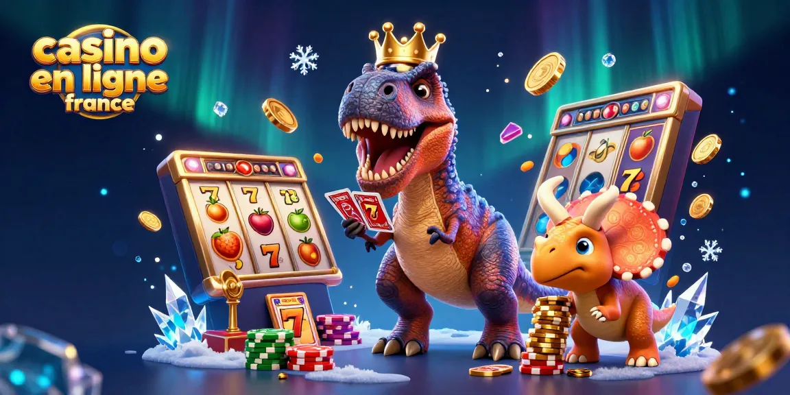 Illustration dynamique d'un casino en ligne France avec un T-Rex joueur et un assistant, en pleine action.