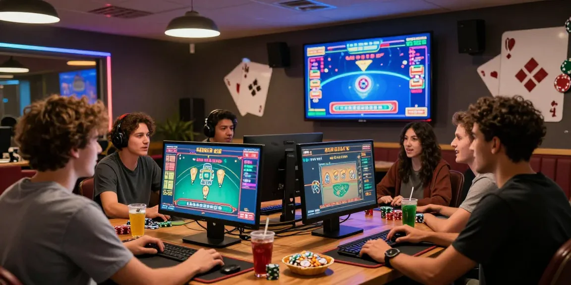 Groupe d'amis jouant à un casino en ligne France, célébrant des gains avec des jeux en direct sur écran.