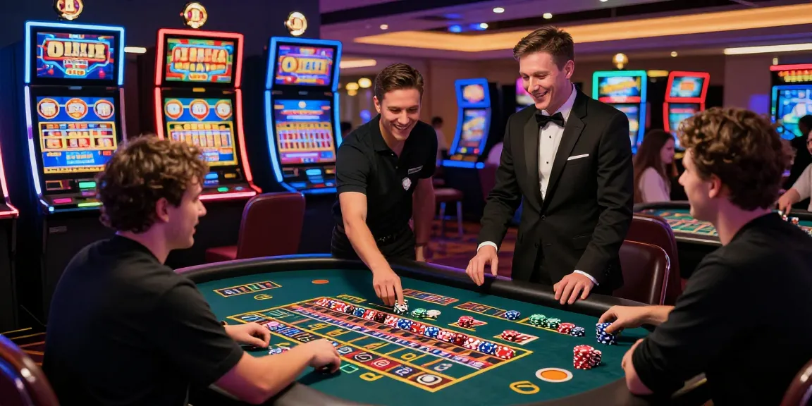 Un joueur au casino en ligne France s'enthousiasme à la roulette pendant une soirée animée, entouré de jetons colorés et de machines à sous lumineuses.