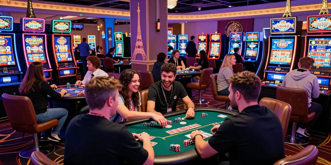 Scène de casino en ligne France avec des joueurs et des machines à sous animées.
