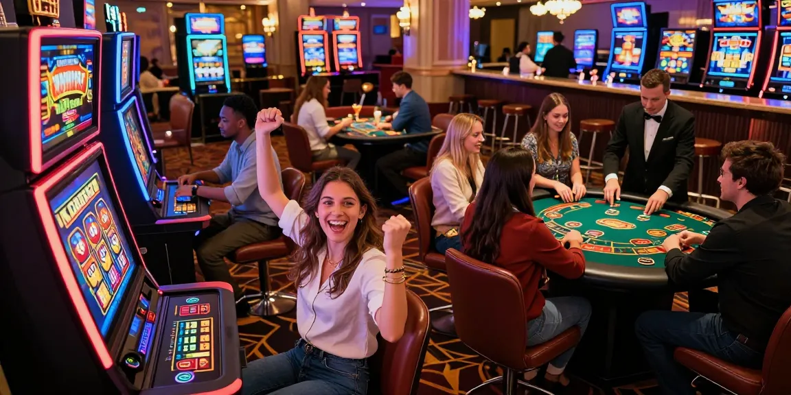 Scène animée d'un casino en ligne France avec des joueurs célébrant des gains et des tables de jeux populaires.