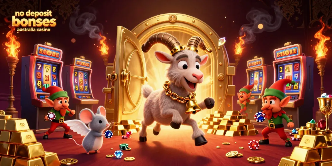 No deposit bonuses Australia casino illustration featuring a Krampus goat, angel mouse, and elf gremlins in a festive casino setting.