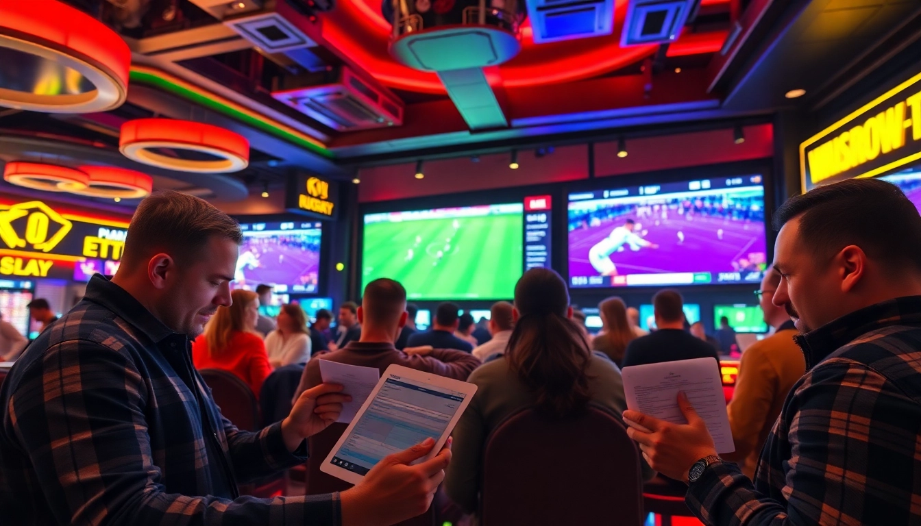 Pari sur le rugby dans un casino éclairé, ambiance électrique et enthousiaste pour paris sportif rugby.