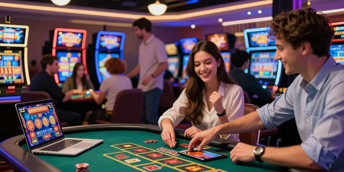 Un casino en ligne France animé avec des joueurs divers engageant dans des jeux de casino, créant une atmosphère excitante.