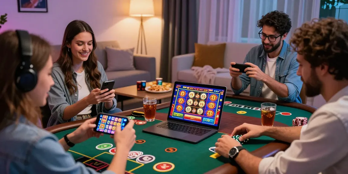 Amis jouant à casino en ligne France sur smartphone et ordinateur, ambiance festive et conviviale.