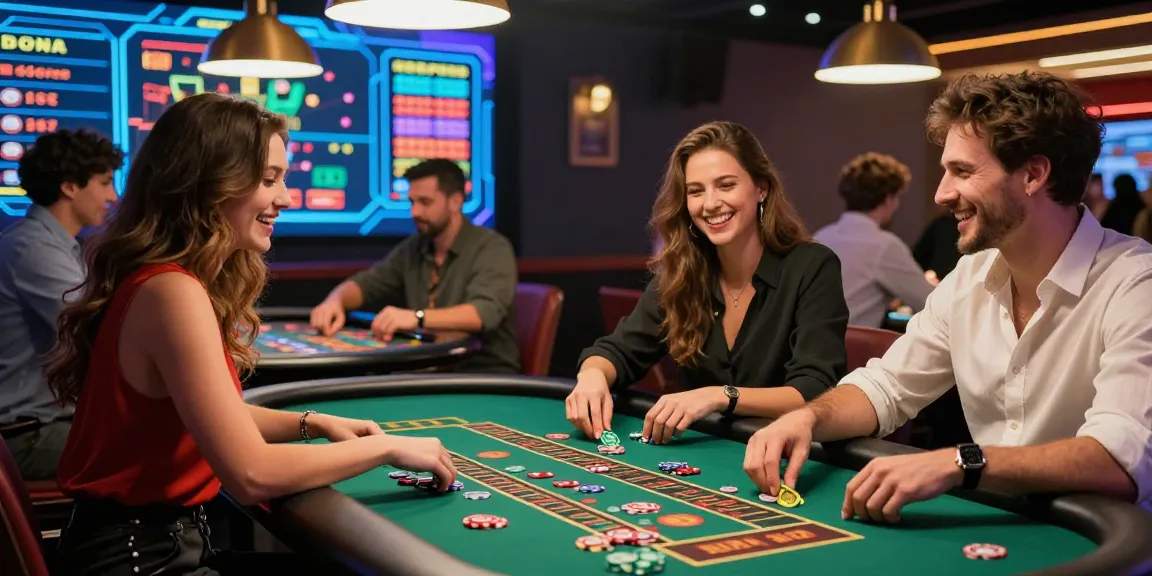 Joueurs dans un casino en ligne France célébrant des gains devant des tables de jeu.