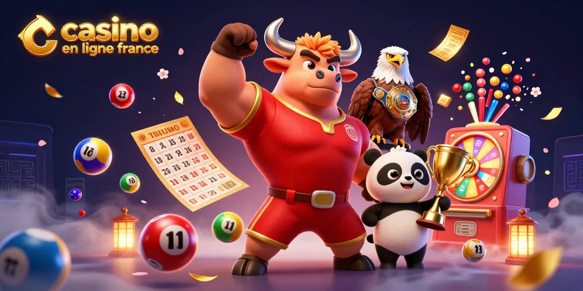 Venez jouer sur le casino en ligne France avec cette illustration vibrante, mettant en avant un taureau musclé et un panda gagnant.