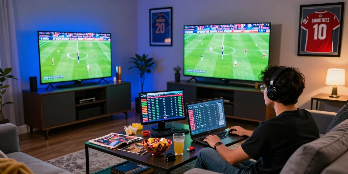 Un joueur engagé dans les paris sportifs, illustrant la limite de gains paris sportifs avec des écrans affichant des cotes en direct dans un cadre moderne.