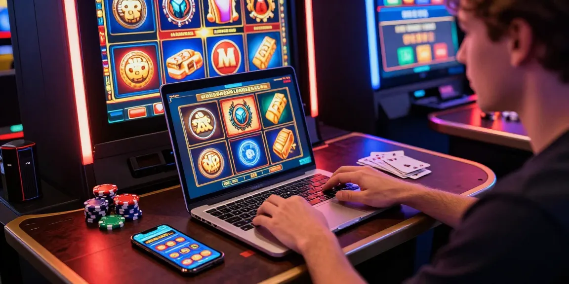 Casino en ligne France : joueur engagé dans une machine à sous virtuelle, ambiance animée et décor coloré.