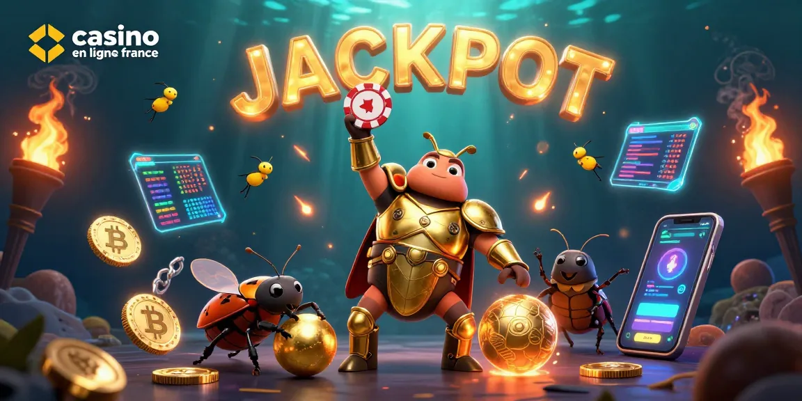 Vivez l'expérience du casino en ligne France avec un scarabée en armure dorée et des pièces de crypto-monnaie.