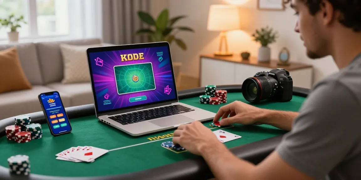Joueur de casino en ligne France profitant d'une partie de poker sur son ordinateur avec des jetons et des cartes autour, ambiance chaleureuse.