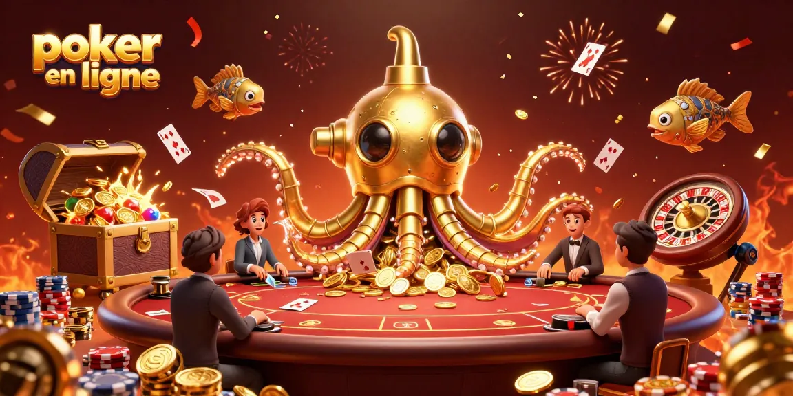 Jouez au poker en ligne avec des jetons et des cartes flottantes dans une scène festive pleine de couleurs.