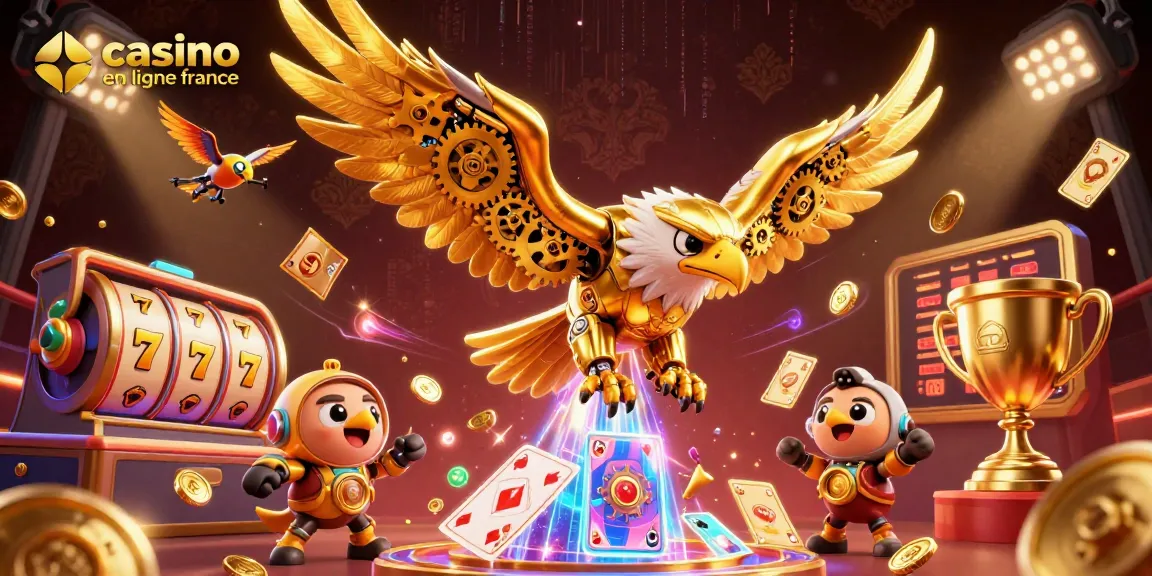 Illustration dynamique de casino en ligne France où un aigle cybernétique plonge à travers des cartes holographiques.