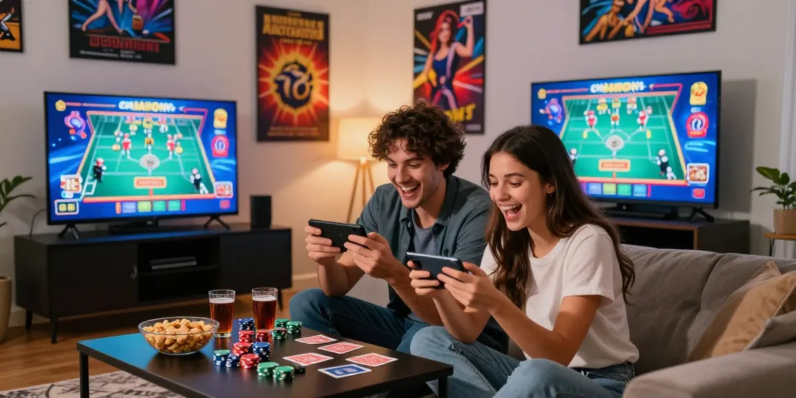 Accueil convivial avec un couple jouant à un casino en ligne sans wager sur mobile dans un salon moderne.