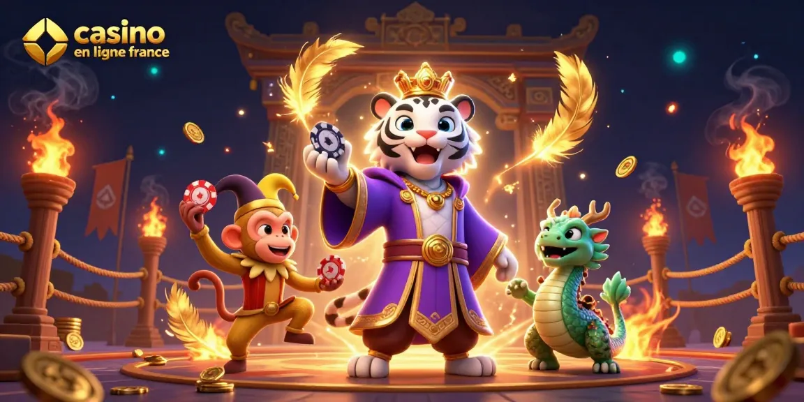 Jouez à casino en ligne France avec une illustration combinant un tigre, un dragon et des jetons de poker.