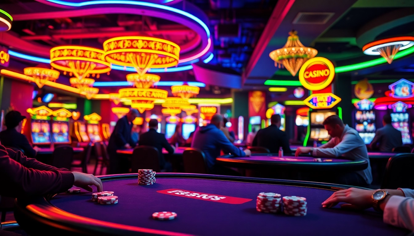 Jouez à casino en ligne france avec des joueurs autour de tables de cartes animées.