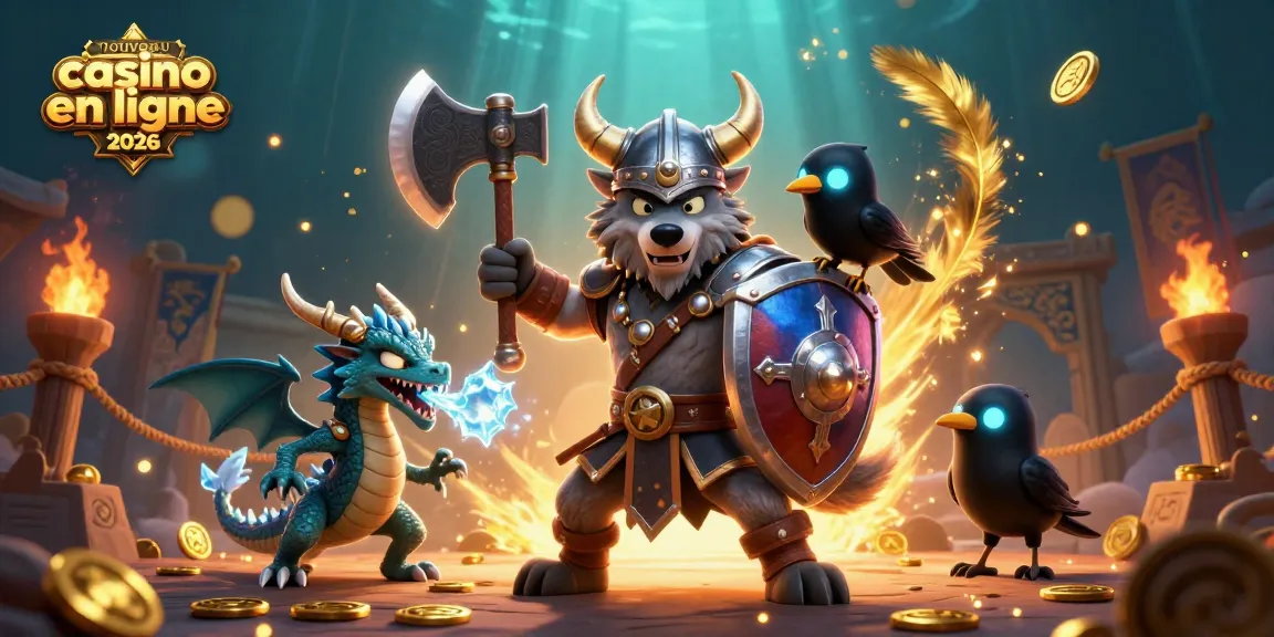 Vue dynamique d'un nouveau casino en ligne 2026 avec des personnages de guerriers et dragons et éléments de jeu captivants.