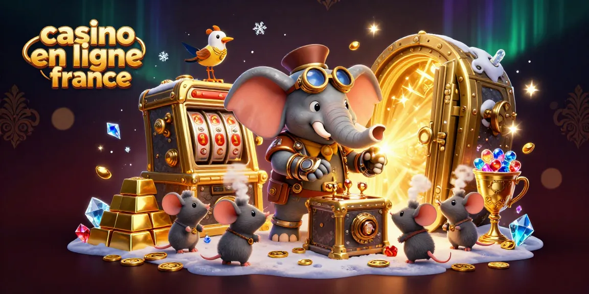 Découvrez les machines à sous dorées au casino en ligne France, avec un éléphant ingénieur steampunk et des trésors scintillants.