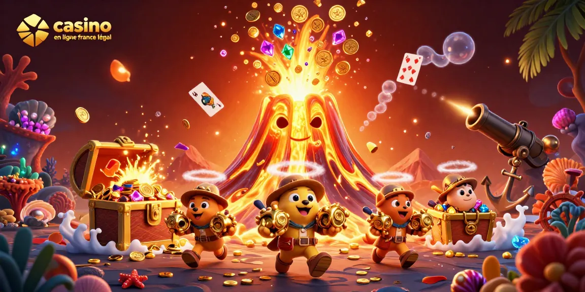 Jouez au casino en ligne France légal avec des trésors de jeux dynamiques dans cette illustration colorée.