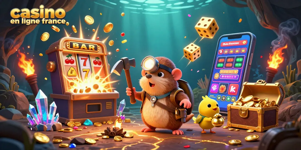 Découvrez le monde vibrant du casino en ligne France avec un mole chercheur de trésors entouré de machines à sous éclatantes et de jeux dynamiques.