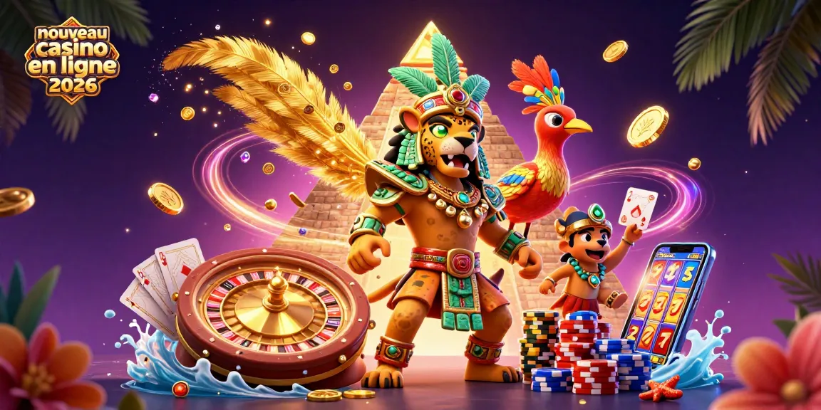 Gagnez dans le nouveau casino en ligne 2026 avec des personnages mayas entourés de jeux et de trésors.