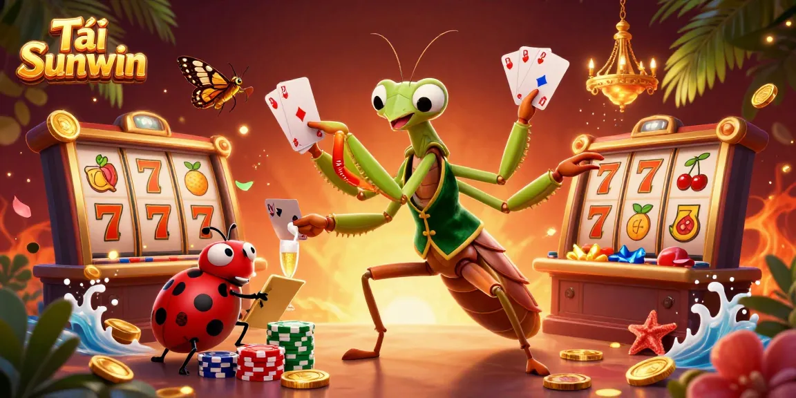 Tải Sunwin showcases a vibrant casino atmosphere with a giant praying mantis card sharp and ladybug pit boss.