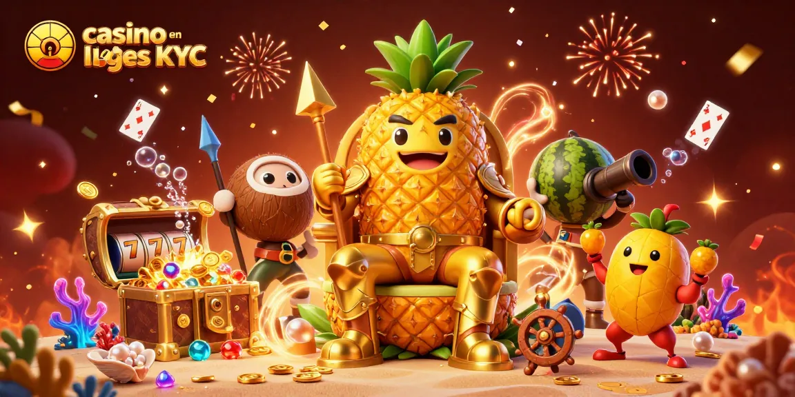 Jouez à des jeux de casino en ligne sans KYC avec notre illustration de roi ananas et ses alliés.