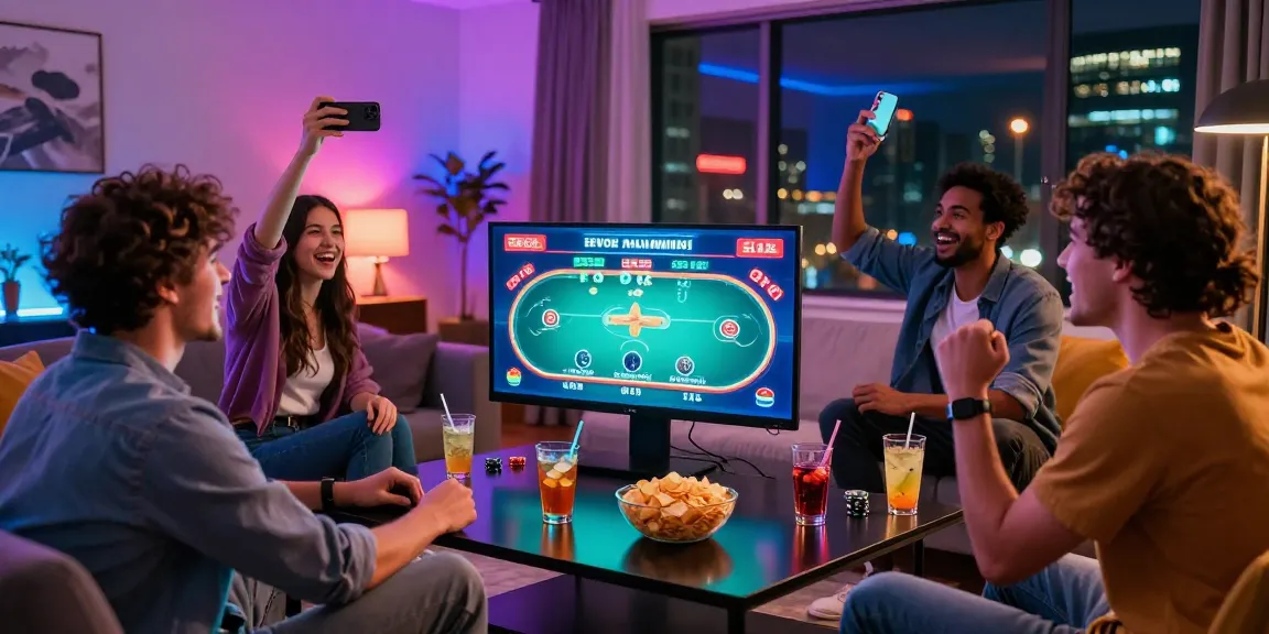 Scène de jeu en ligne en France avec casino en ligne, groupe d'amis réunis autour d'une table, ambiance festive.