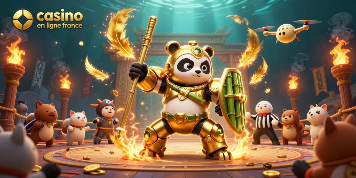 Illustration dynamique d'un panda doré en armure qui présente le casino en ligne france pour des joueurs amusants.