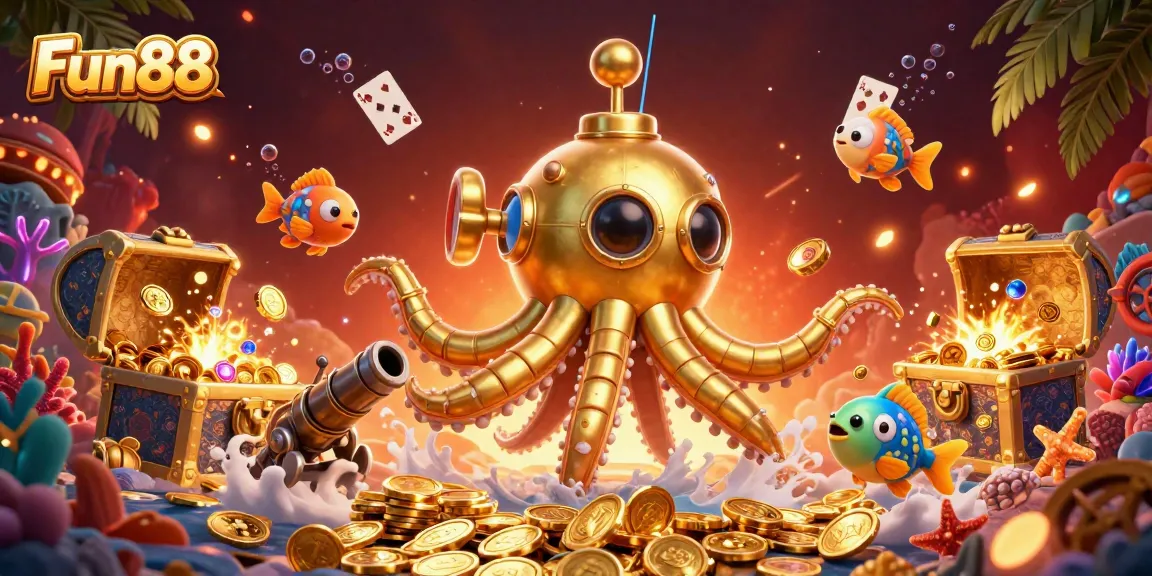Experience Fun88's thrilling undersea adventure with a kraken submarine amidst golden coins and vibrant casino elements.